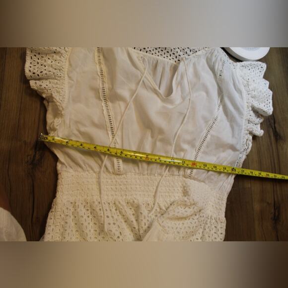 MISA Los Angeles Sarika White Eyelet Smocked Mini Dress Flutter Sleeve Size S - Picture 5 of 7